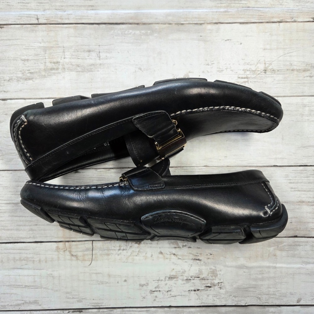 Salvatore Ferragamo Loafers Mens 7.5D Black Leather Wood Buckle‎ Driver Shoes - Picture 3 of 15